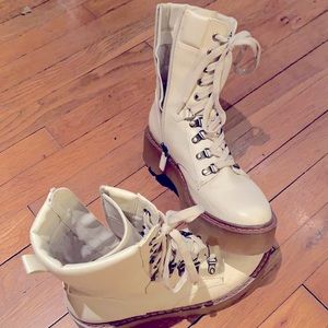 Cream with orange stitching platform military boots